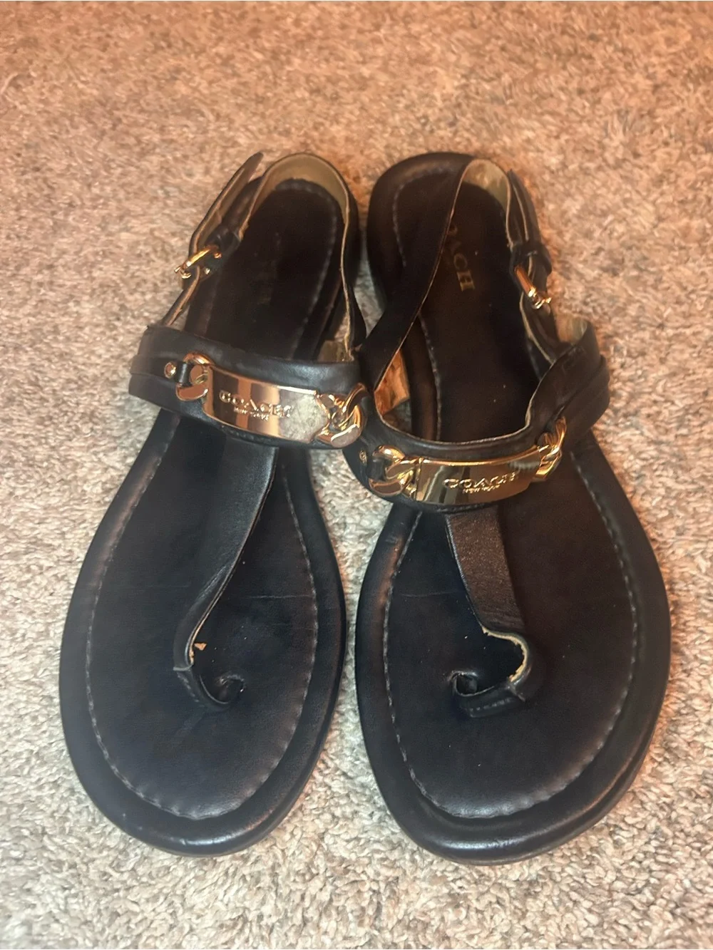 Coach Classic Black Leather T-Strap Sandals with Gold Hardware